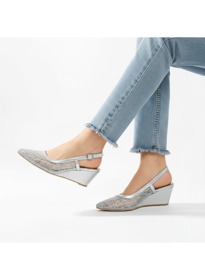 لايف ستيلاش  أحذية ويدج قماش مع جلد W-310 - فضي - Image 1